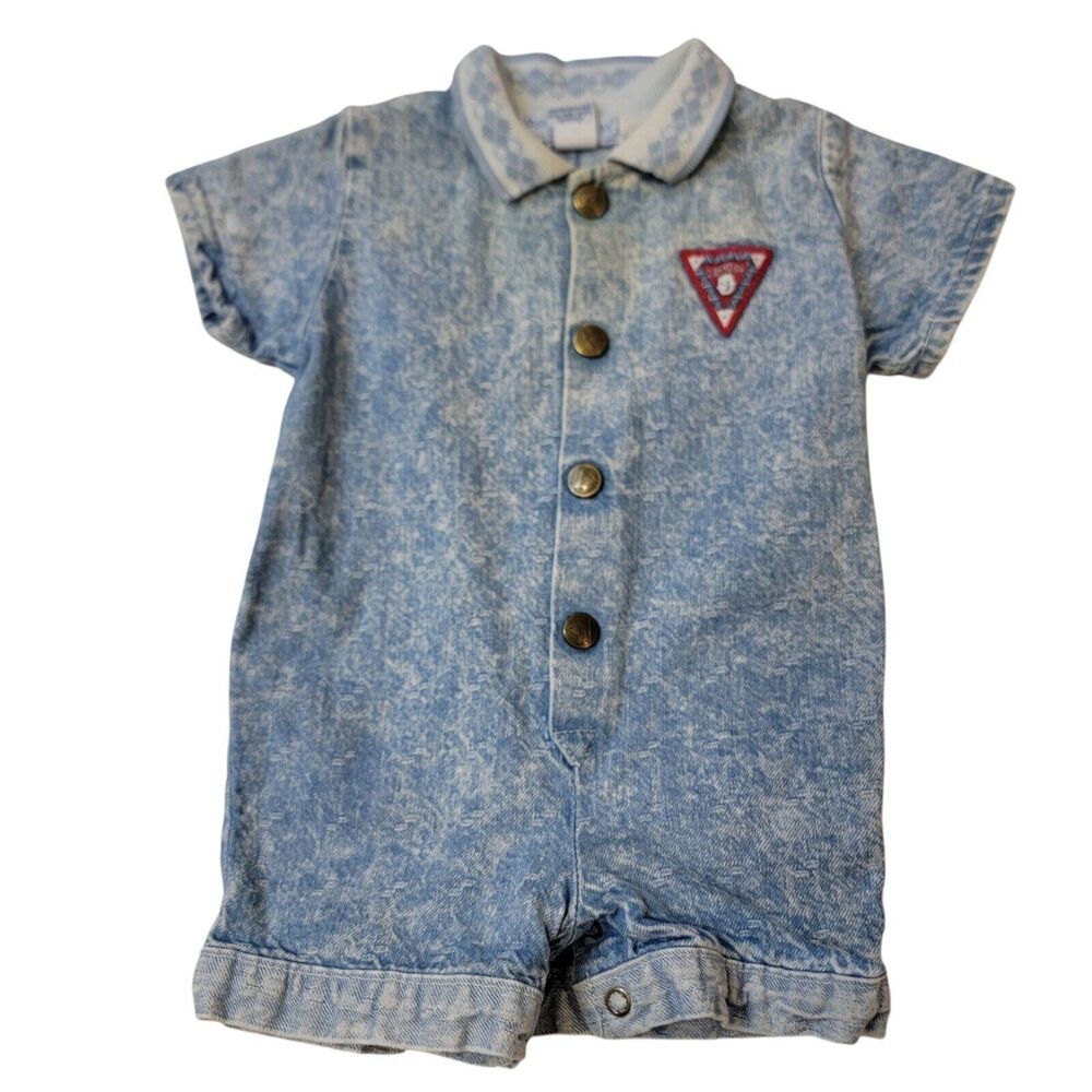 OshKosh B'Gosh Vintage One Piece Baby 6-9M Blue Collared Acid Wash Snap Retro